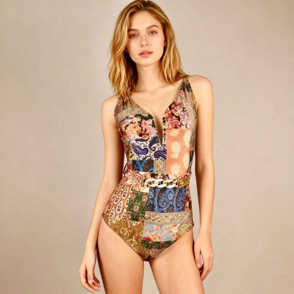 $385 NWOT Zimmermann V Wire Floral Paisley Swimsuit One Piece Devi Chain Size 2 - Picture 1 of 10